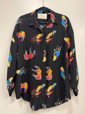 Vintage Galinda 100% Silk Women’s Blouse Escada Print 80s 90s Inspired